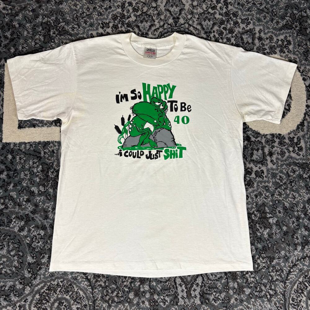 Vintage 90s “lm so happy to be 40 I could just shit” Frog Humor Mens Shirt Sz XL